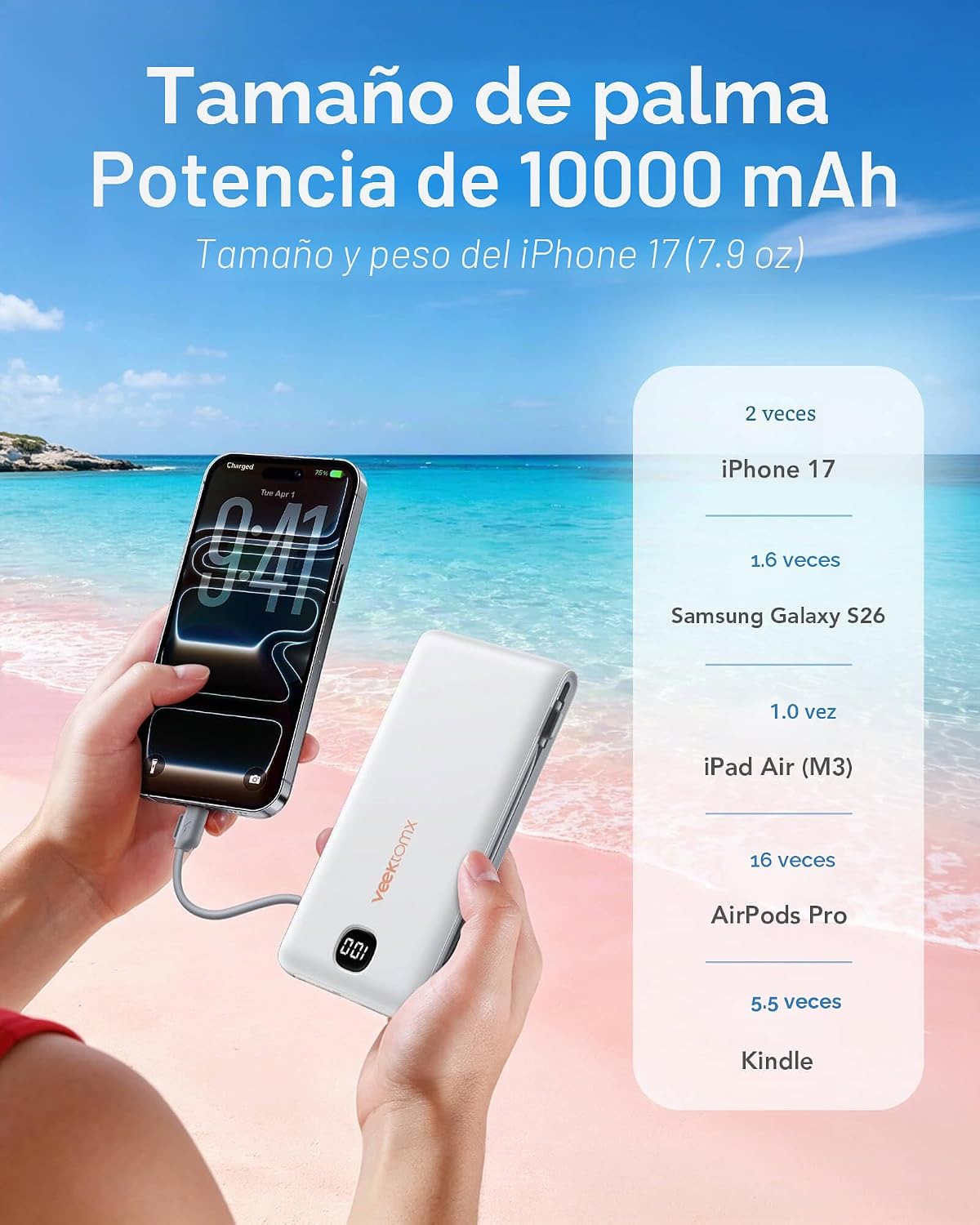 VEEKTOMX Cargador portátil con cables integrados 10000 mAh, banco d...