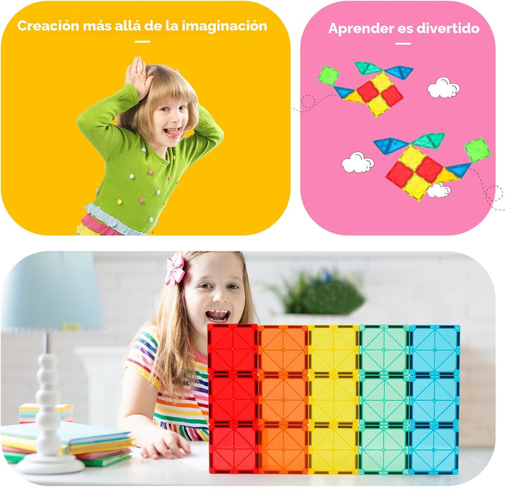 Gemmicc 100 piezas de baldosas magnéticas con 2 autos, bloques magn...