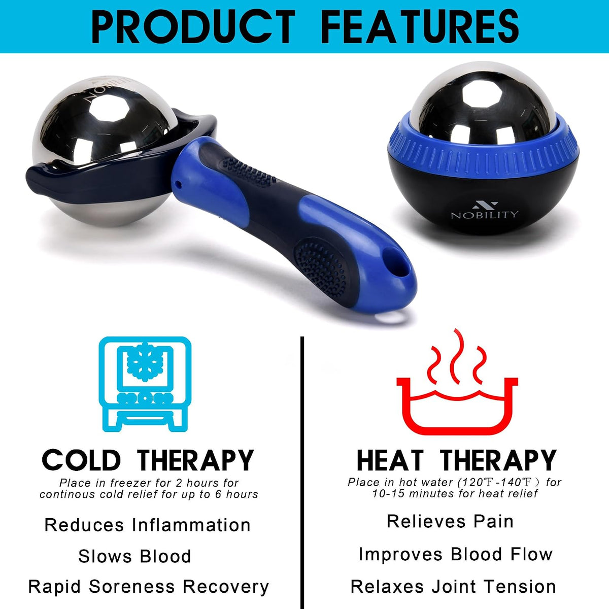 Nobility Rodillo de Bola de Masaje – Frío como el Hielo y Caliente para Alivio de Tejidos Profundos y Músculos Adoloridos de Rigidez y Estrés, Cuerpo, Cuello, Espalda, Pie, Plantar (Azul)