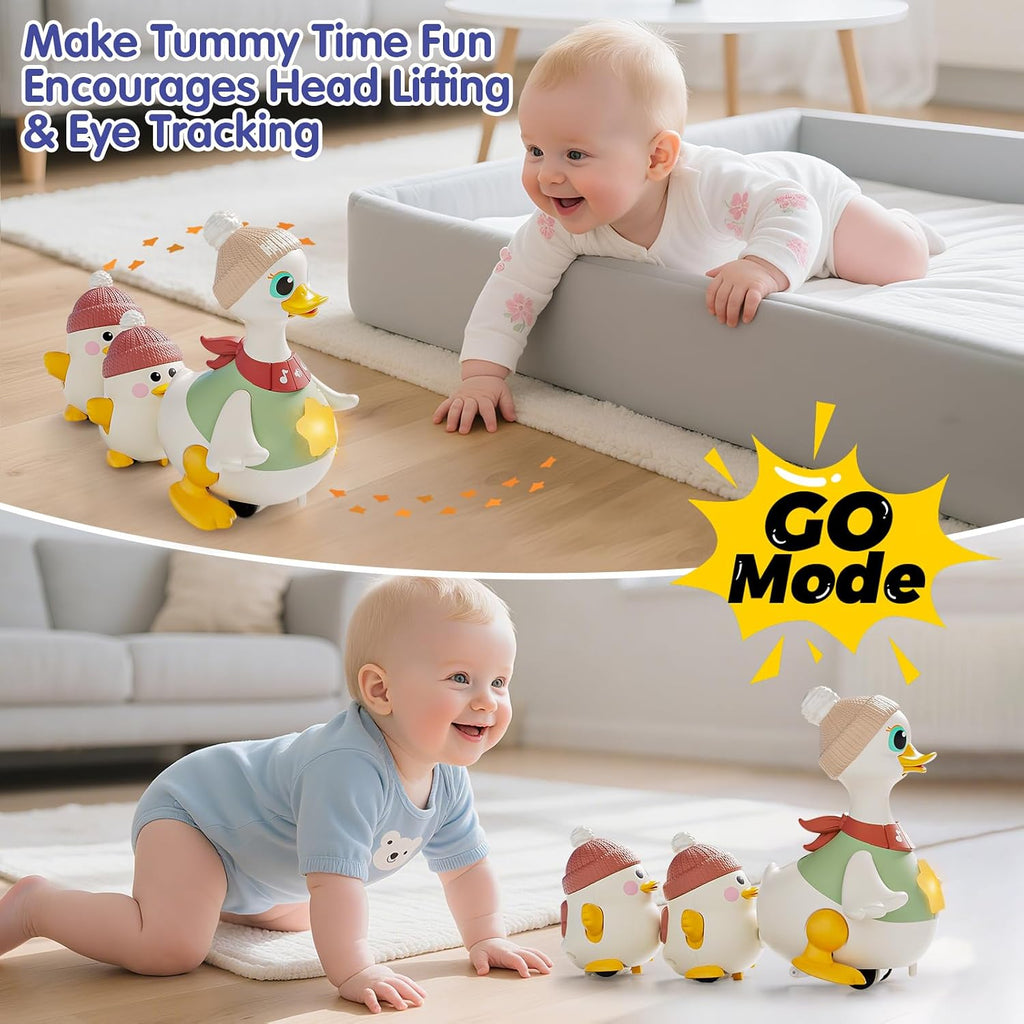 HOLA Juego de juguetes musicales de pato bailarín con mamá y bebés, juguetes para bebés de 6 a 12 meses, 2 modos interactivos, juguetes para gatear con sonidos y luces