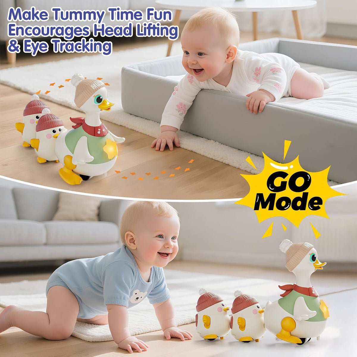 HOLA Juego de juguetes musicales de pato bailarín con mamá y bebés, juguetes para bebés de 6 a 12 meses, 2 modos interactivos, juguetes para gatear con sonidos y luces