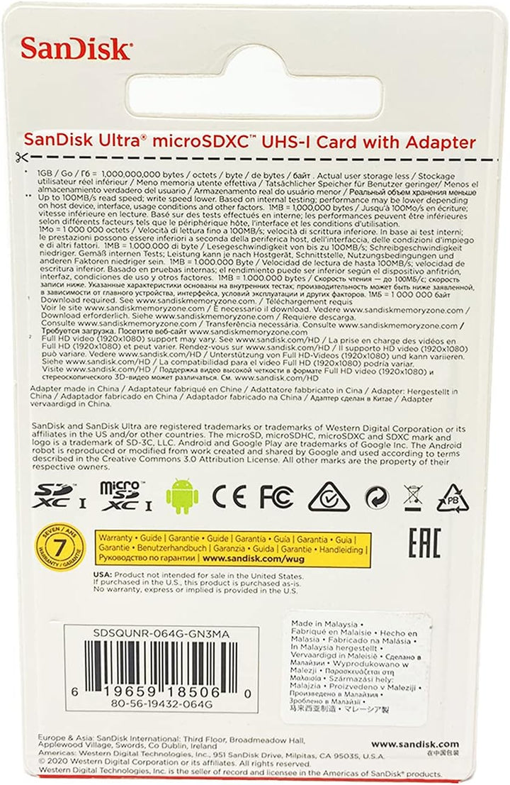 Tarjeta de memoria micro SDXC SanDisk Ultra 64GB UHS-I, clase 10 co...