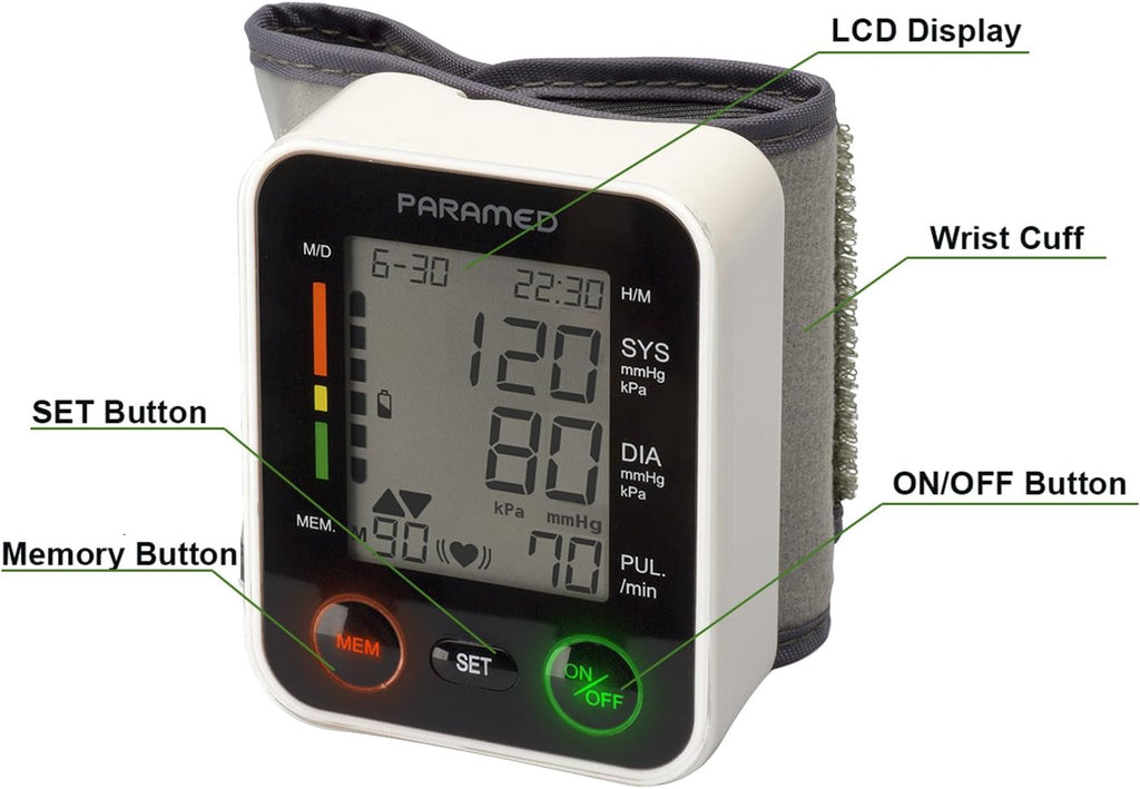PARAMED Monitor automático de presión arterial de muñeca: kit de presión arterial de brazalete Bp + 2AAA y estuche de transporte - Detector de latidos cardíacos irregulares y función de memoria de 90