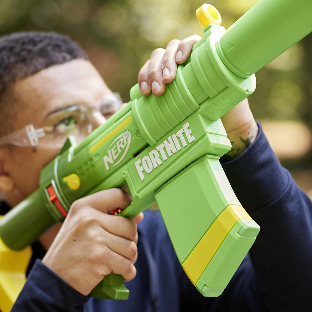 Nerf Fortnite SMG-Zesty Blaster, 10 Dardos Nerf Elite, Cargador de 10 Dardos, Culata y Cañón Removibles, Regalos Fortnite para Boys & Girls