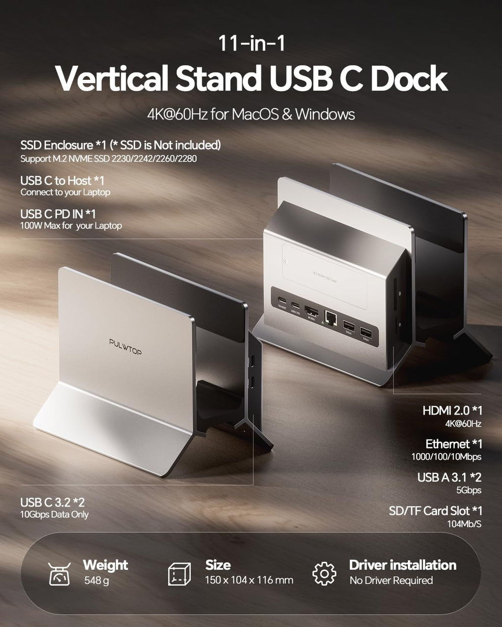 Estación de acoplamiento vertical USB-C 11 en 1 con carcasa SSD NVME M.2