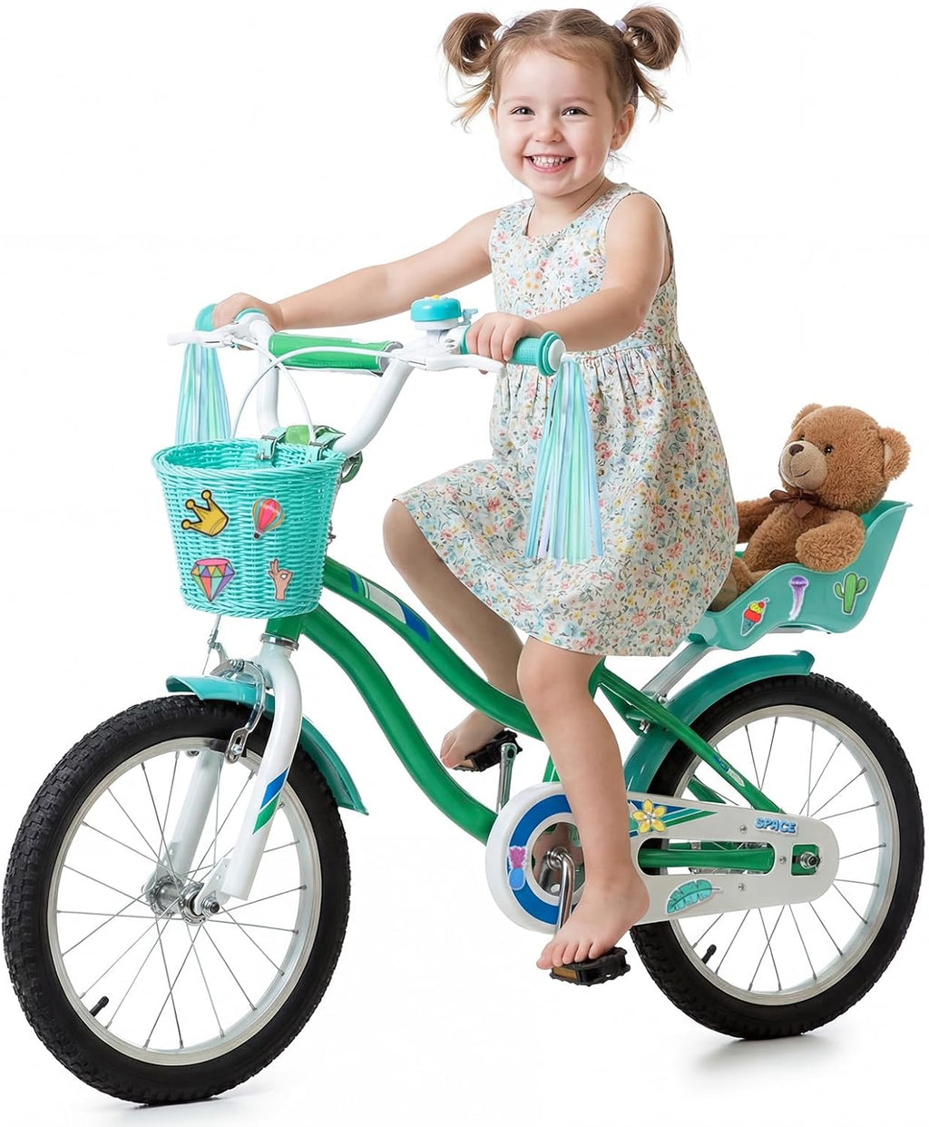 Asiento de bicicleta de muñeca con 30 calcomanías de calcomanías, cesta de bicicleta para niños, manillar de bicicleta, cintas coloridas, borla, margarita, campana de bicicleta para niñas