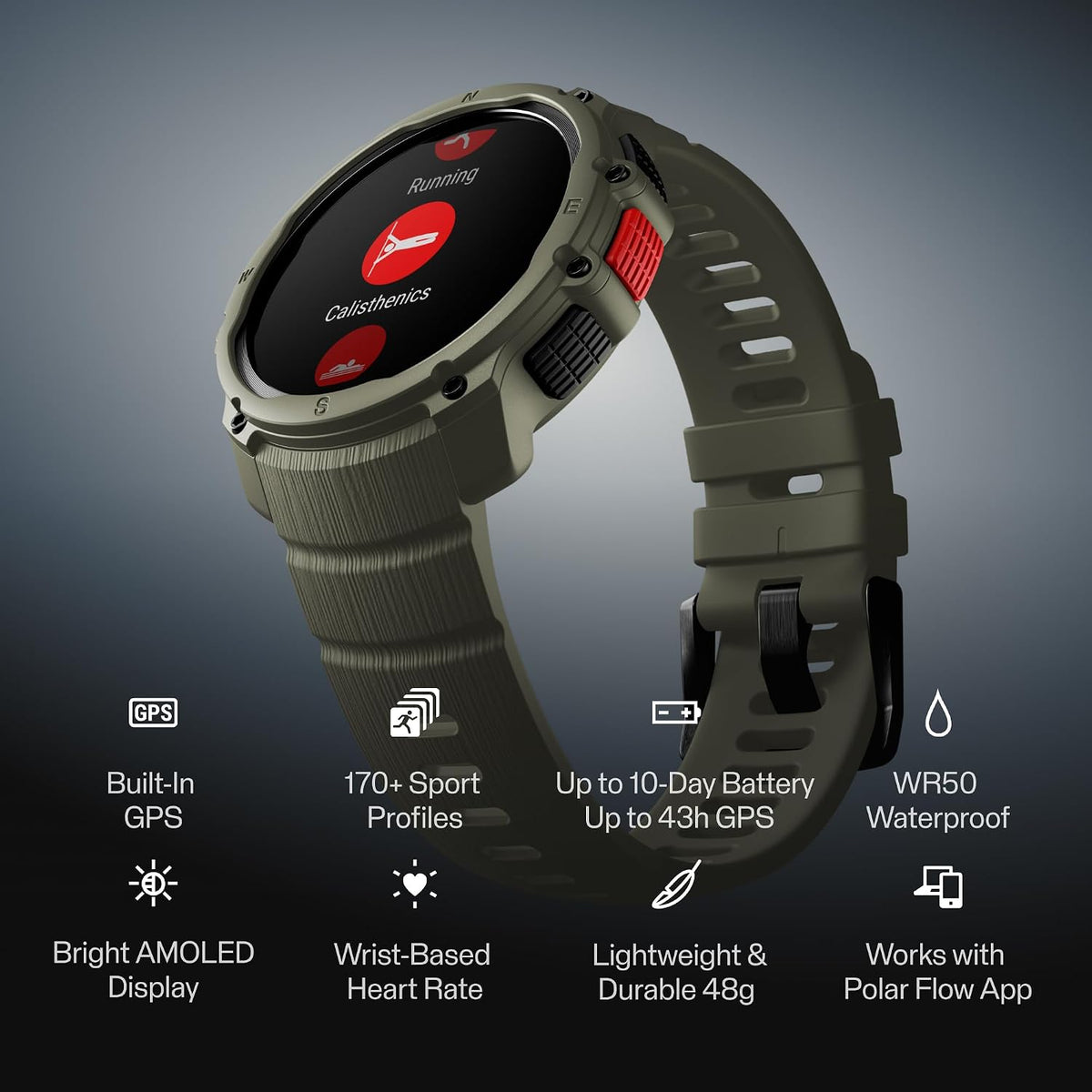 Polar Street X - Reloj deportivo con GPS para correr, resistente al agua, más de 170 perfiles deportivos, batería de 10 días, pantalla AMOLED, monitor de frecuencia cardíaca basado en la muñeca