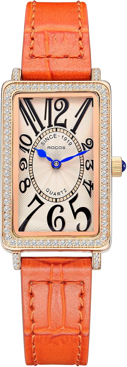 ROCOSJEWE Reloj de Vestir Retro Elegante de Lujo, Reloj Cuadrado de Cuarzo para Dama en Oro Rosado con Bisel con Diamantes Brillantes, Esfera con Números Arábigos Grandes, Correa de Cuero Naranja/Azul, Resistente al Agua, Regalo para Ella
