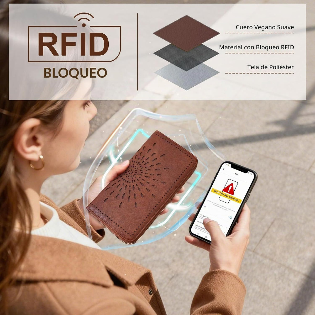 APHISON Billetera para mujer, gran capacidad, monedero, tarjetero, RFID, pulsera, teléfono, cremallera, moneda, bolsillo de viaje