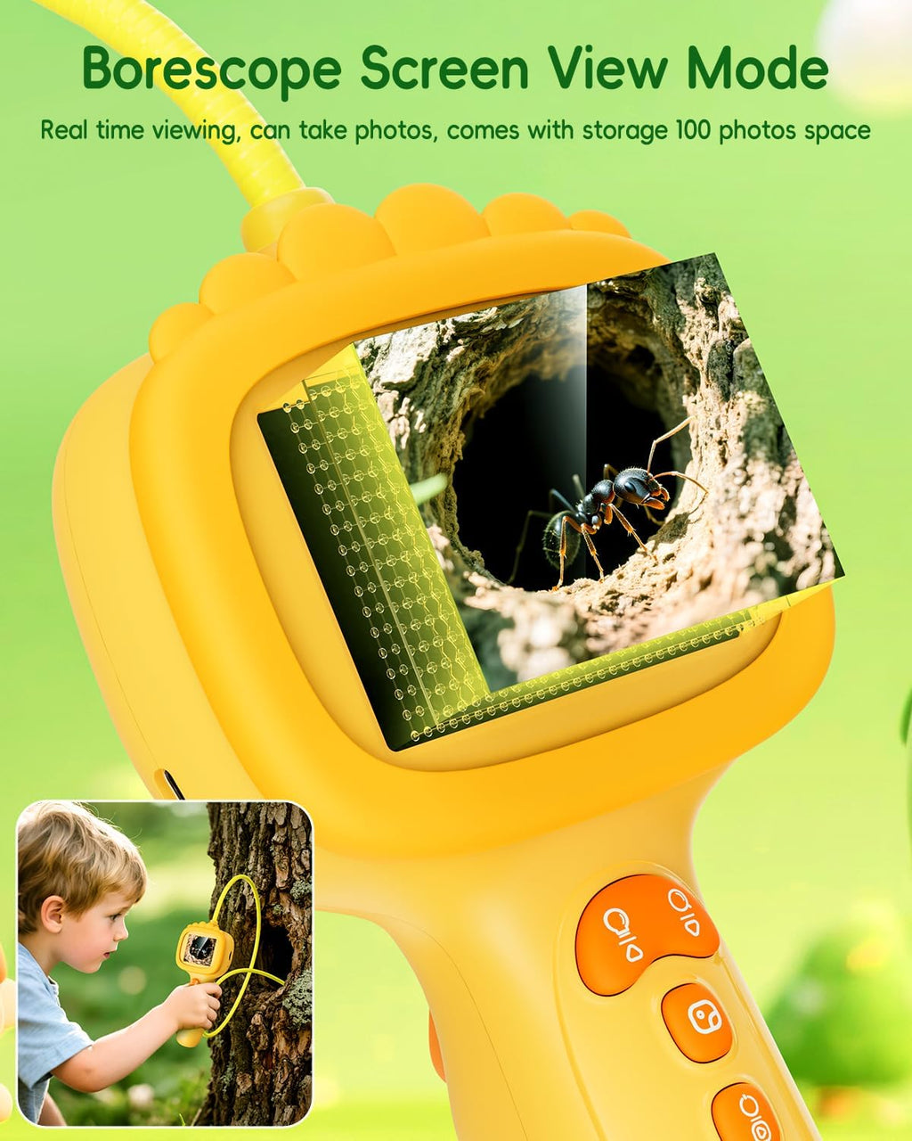 Cámara Boroscopio con Luz para Niños, 2.4" IPS, Naranja León