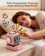 Altavoz Bluetooth 5 en 1 de robot retro: cargador inalámbrico de 15 W, pantalla LED de píxeles, sonido estéreo de 10 W y 15 ruido blanco, reloj despertador, lindo altavoz inalámbrico portátil para