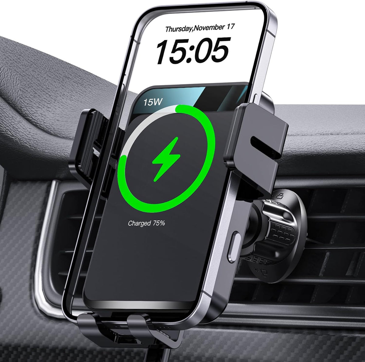Cargador inalámbrico para automóvil, soporte de automóvil MOKPR con sujeción automática de 15 W/10 W/7.5 W, carga rápida, ventilación de aire, soporte de teléfono para automóvil, compatible con iPhone
