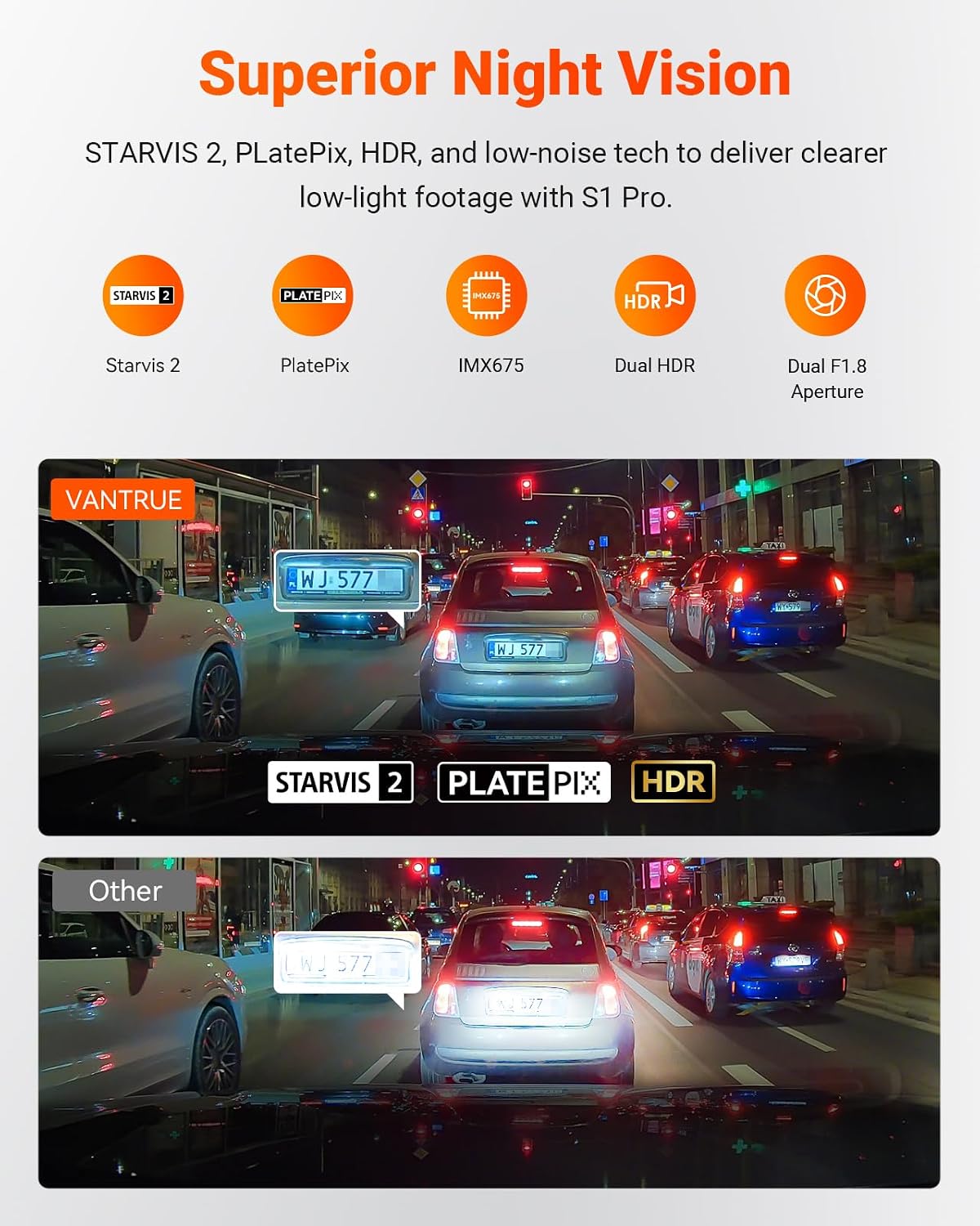 Vantrue Cámara de tablero S1 Pro de 60 fps delantera y trasera