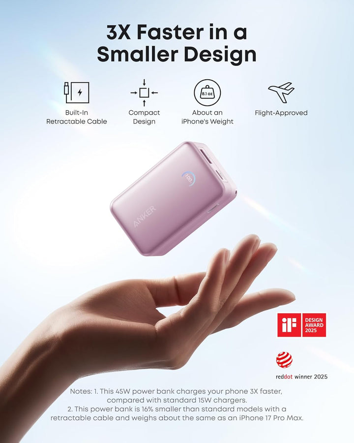 Anker Cargador portátil nano, 45 W 10000 mAh con cable retráctil de...
