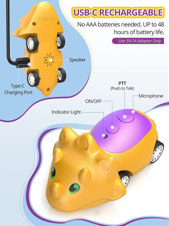 Inspireyes Walkie Talkies de dinosaurio para niños recargables, aut...