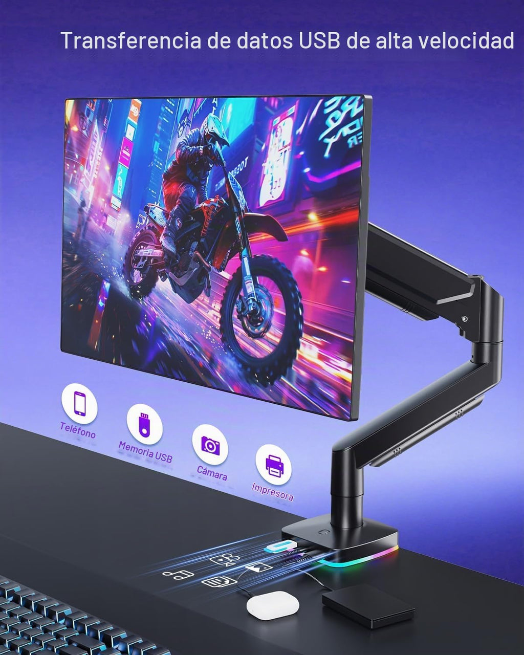 Brazo de monitor de resorte de gas RGB con concentrador USB para monitores