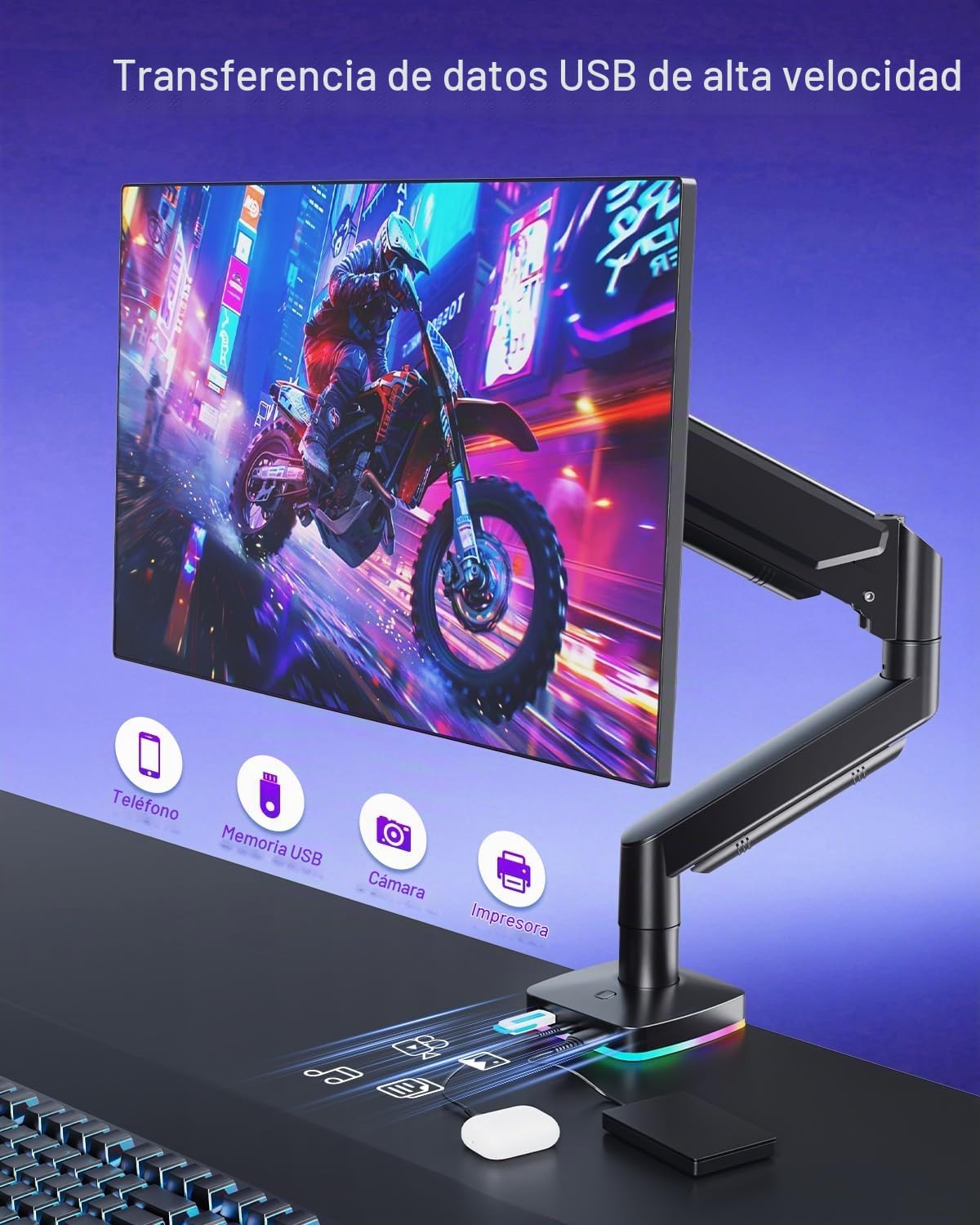 Brazo de monitor de resorte de gas RGB con concentrador USB para monitores