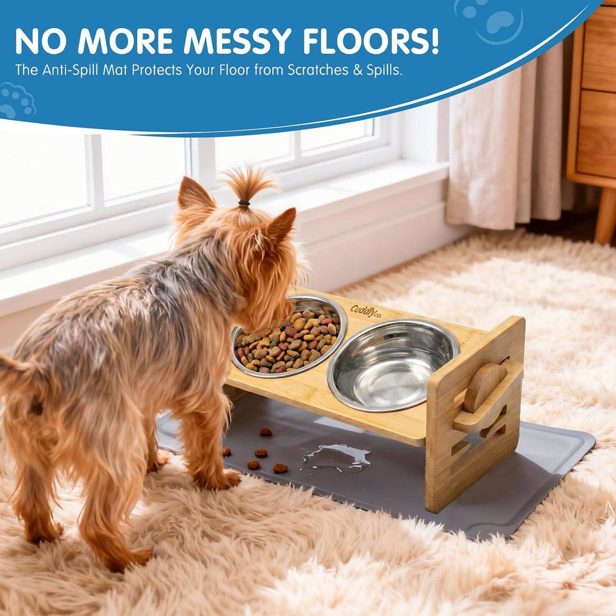 Cuencos elevados para perros y gatos pequeños, soporte elevado ajustable para perros con 6 alturas, inclinación de 15°, alfombrilla de silicona a prueba de derrames, 2 cuencos de acero inoxidable, comedero de bambú