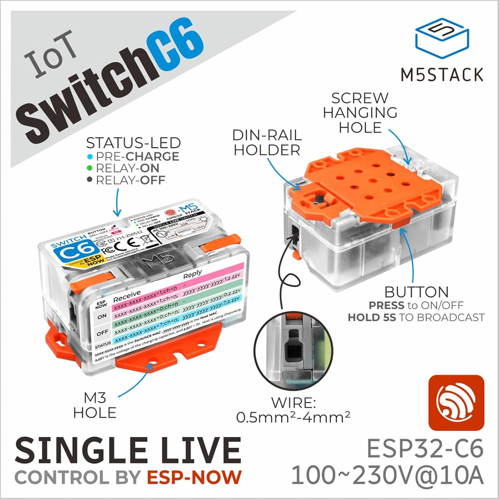 Lámpara M5Stack Interruptor inteligente Wi-Fi oficial de un solo cable vivo (ESP32-C6)