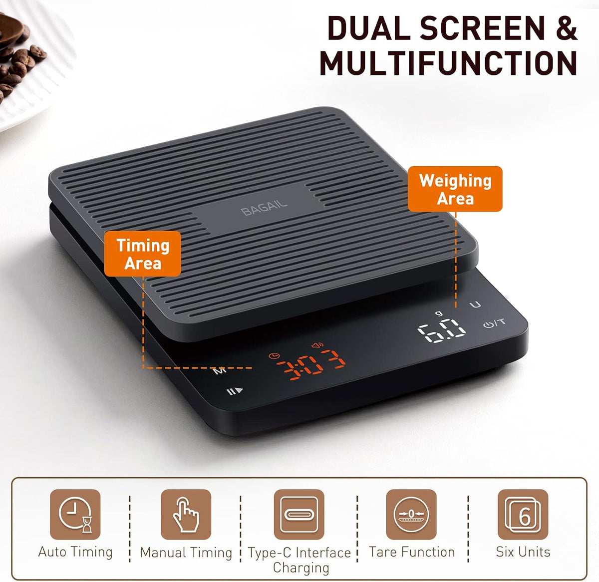 Báscula de café BAGAIL con temporizador, precisión de 0.004 oz/6.6 lbs