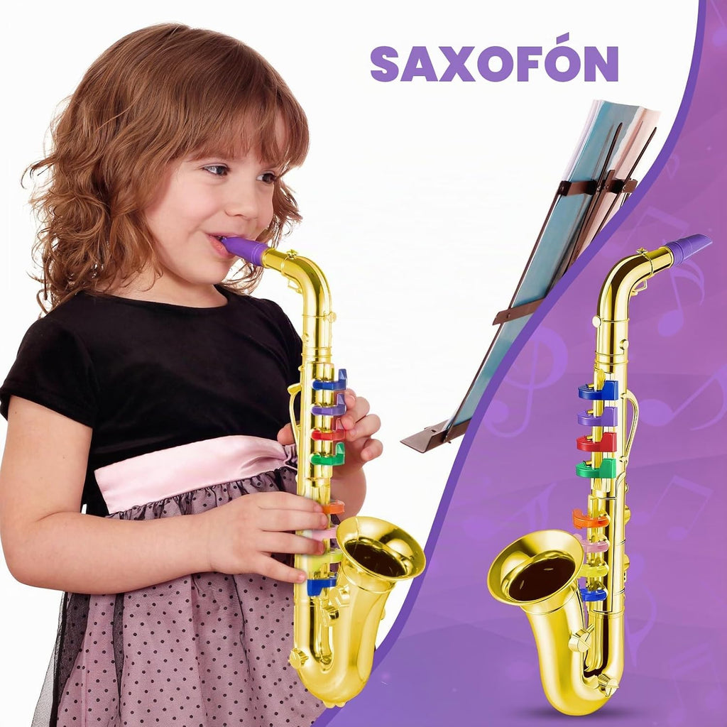 Juego de 2 piezas de saxofón de trompeta de juguete para niños, instrumento musical de plástico para regalo