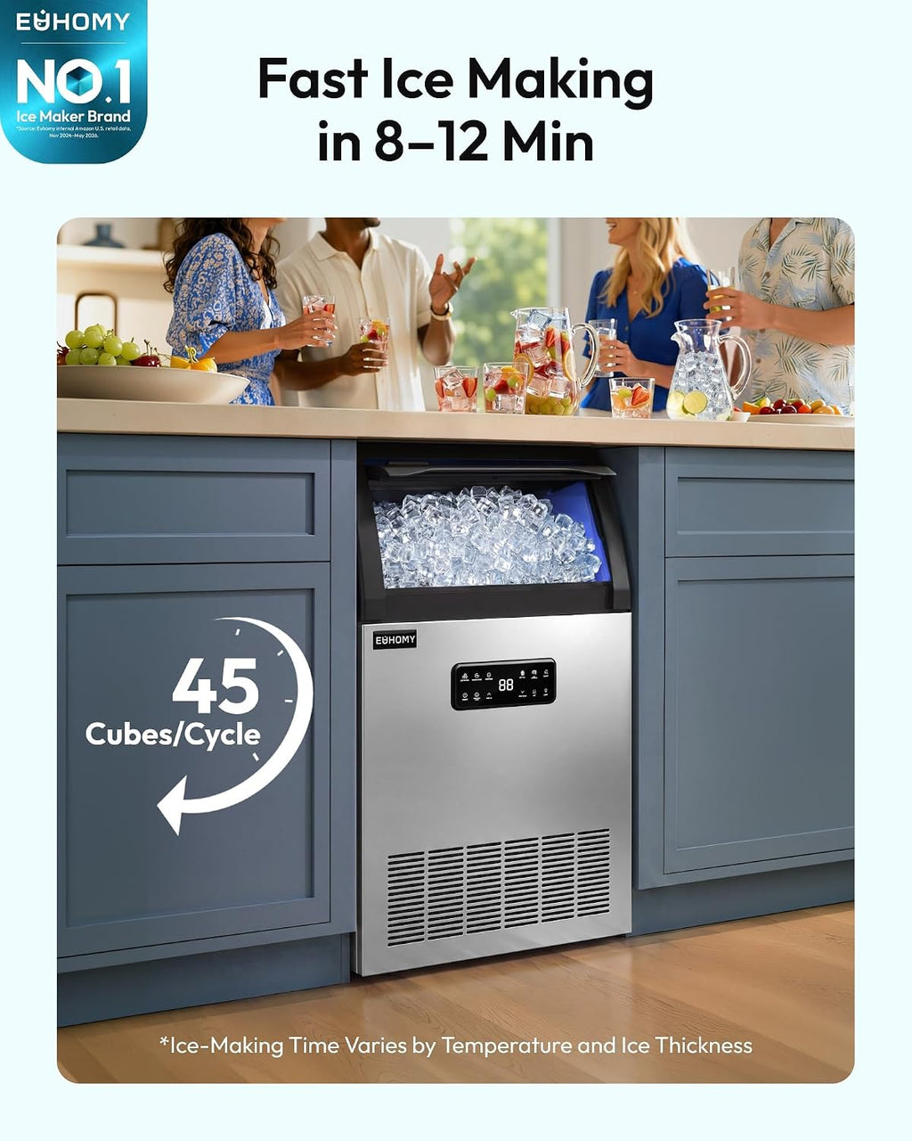 EUHOMY Máquina de hielo comercial, 120 libras/24 horas, máquina de hielo de acero inoxidable debajo del mostrador con filtro de agua, capacidad de almacenamiento de 33 libras, 45 cubos en 8-12 minutos