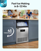EUHOMY Máquina de hielo comercial, 120 libras/24 horas, máquina de hielo de acero inoxidable debajo del mostrador con filtro de agua, capacidad de almacenamiento de 33 libras, 45 cubos en 8-12 minutos