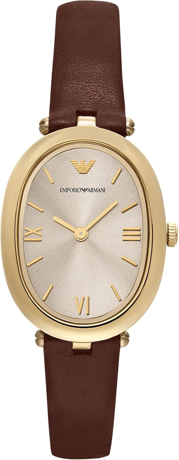 Emporio Armani Reloj de cuero marrón de dos manos para mujer (Modelo: AR11708)
