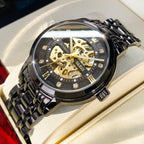 OLEVS Reloj de esqueleto de oro para hombre automático mecánico de cuerda automática lujoso de vestir de acero inoxidable impermeable luminoso relojes de pulsera