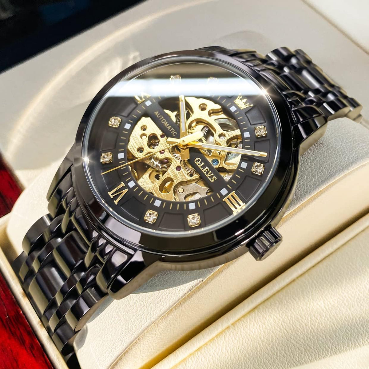 OLEVS Reloj de esqueleto de oro para hombre automático mecánico de cuerda automática lujoso de vestir de acero inoxidable impermeable luminoso relojes de pulsera