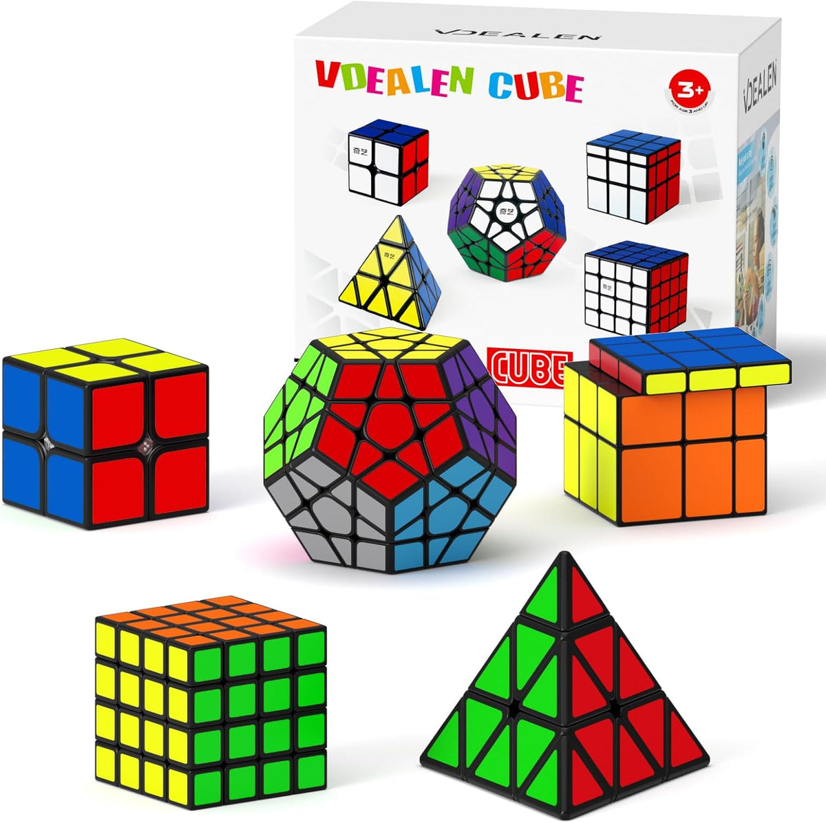 Vdealen Juego de cubos de velocidad, 2 x 2, 4 x 4, espejo piramidal, dodecaedro, paquete de cubos mágicos, rompecabezas de juguetes para premios de aula, fiesta de cumpleaños, para niños, adolescentes y adultos, paquete de 5