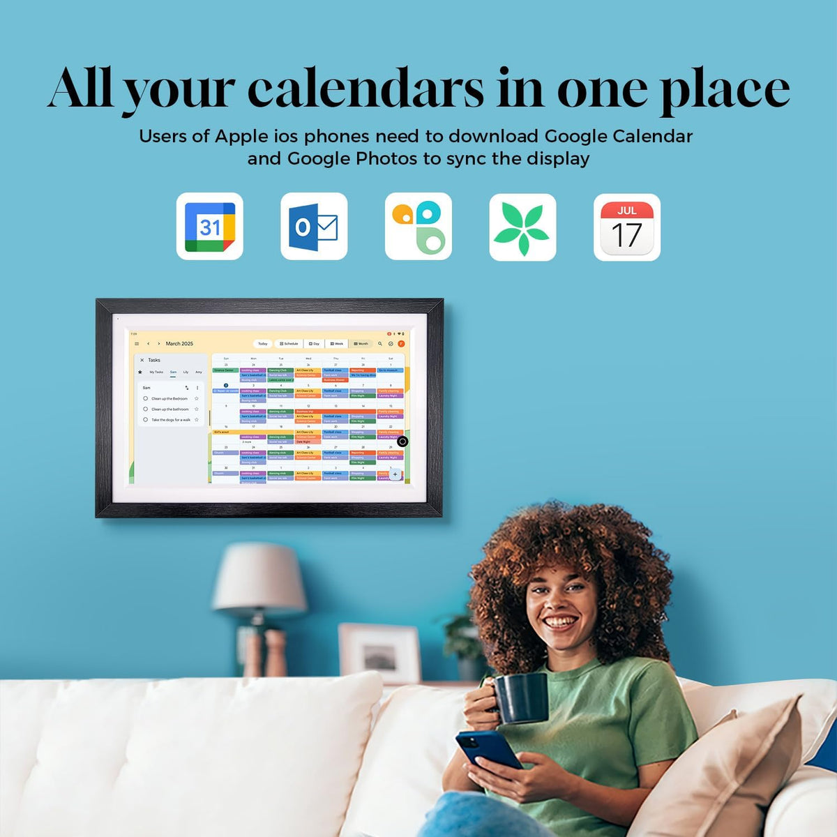 Pantalla inteligente de 15.6" con Google Calendar, Google Play, sin suscripción, nogal