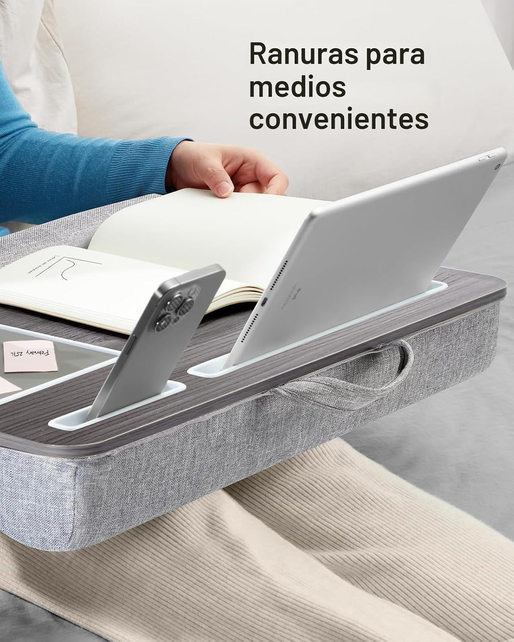 HUANUO - Escritorio portátil. Se adapta a laptops de hasta 17 pulgadas, almohadilla de muñeca integrada, para laptop, MacBook, tablet; soporte para laptop con sujeción para tablet, bolígrafo y teléfono (imitación de madera negra, grande)