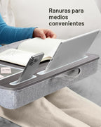 HUANUO - Escritorio portátil. Se adapta a laptops de hasta 17 pulgadas, almohadilla de muñeca integrada, para laptop, MacBook, tablet; soporte para laptop con sujeción para tablet, bolígrafo y teléfono (imitación de madera negra, grande)