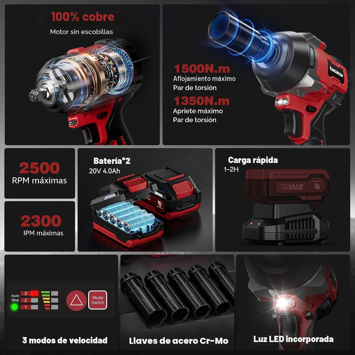 ARCCAPTAIN Atornillador/Impacto sin Cable, 1500 N.m (1106 Ft-lb) 1/2" Atornilladora de Impacto