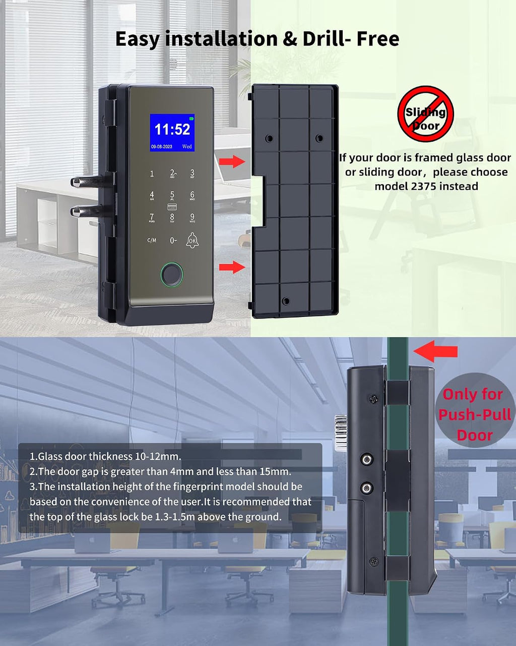 Cerradura de puerta de vidrio inteligente, cerradura de puerta de vidrio biométrica con huella dactilar 4 en 1, LG2315, 2024, sin taladro, sin llave, cerraduras de puerta mejoradas, ideal para oficina, hogar, hotel, apartamento