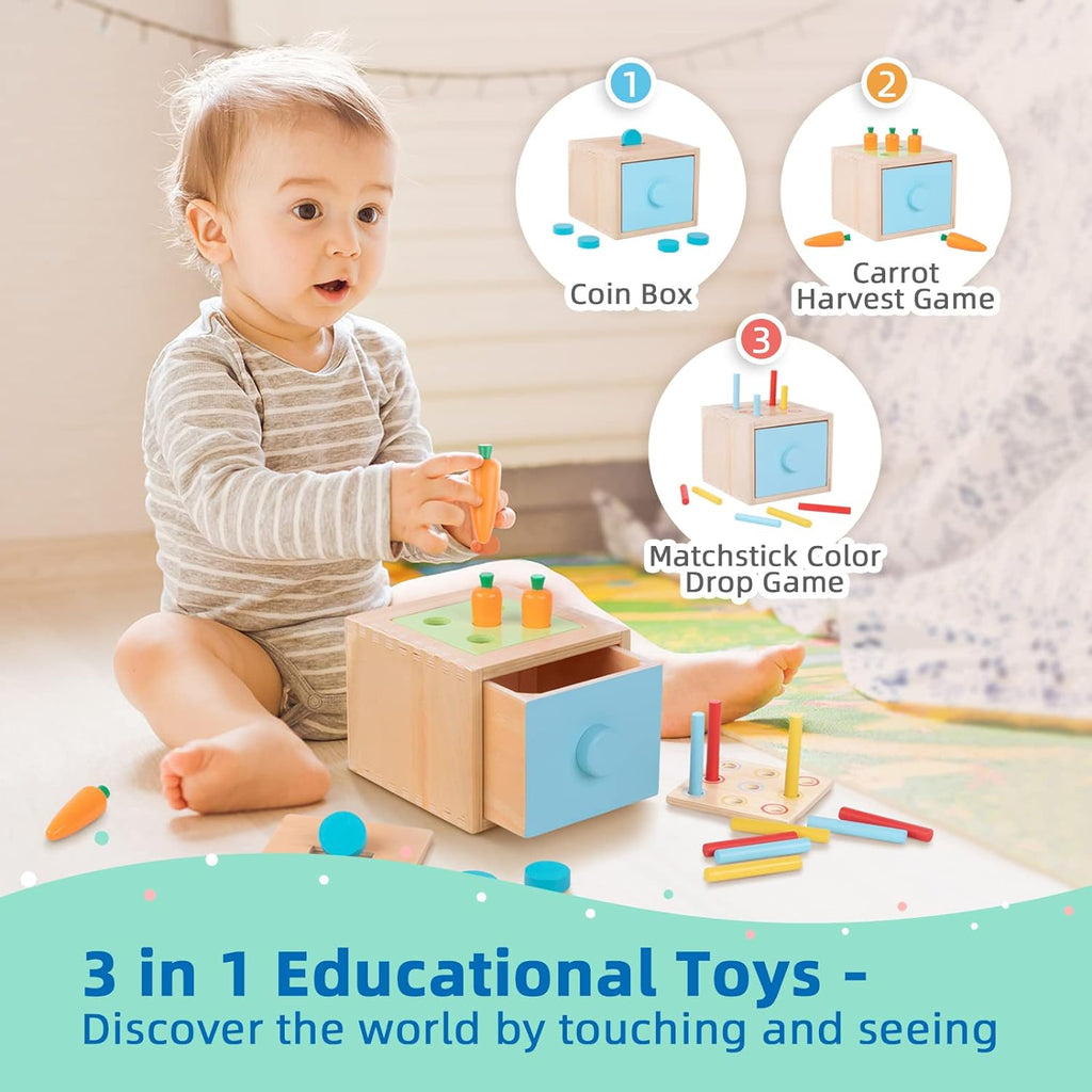 TOOKYLAND Juguetes Montessori para niños de 1 año, conjunto educativo de aprendizaje 8 en 1 de juguetes de madera (incluye tazas apilables, caja educativa 3 en 1, banco de martilleo, rompecabezas de