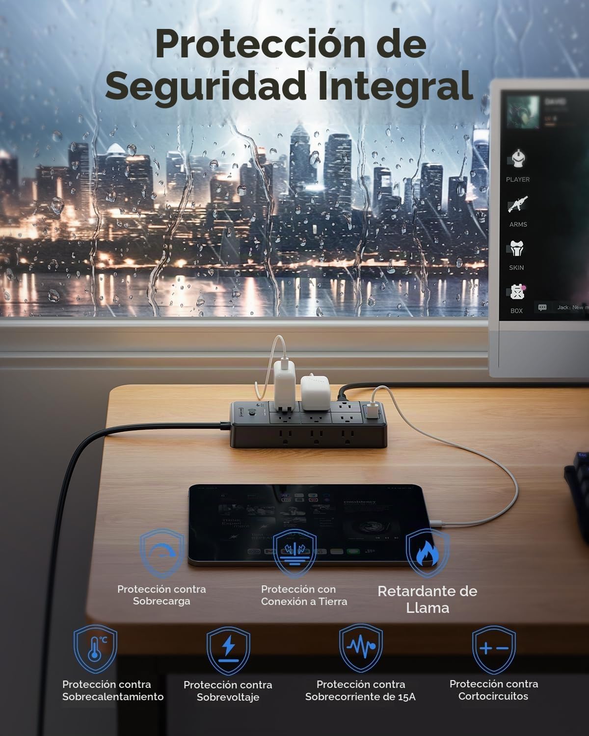 NTONPOWER - Protector de sobretensiones de 20 pies, cable de extensión largo con 12 tomas de corriente y 4 puertos USB (2 USB C), extensor de salida múltiple de 3 lados