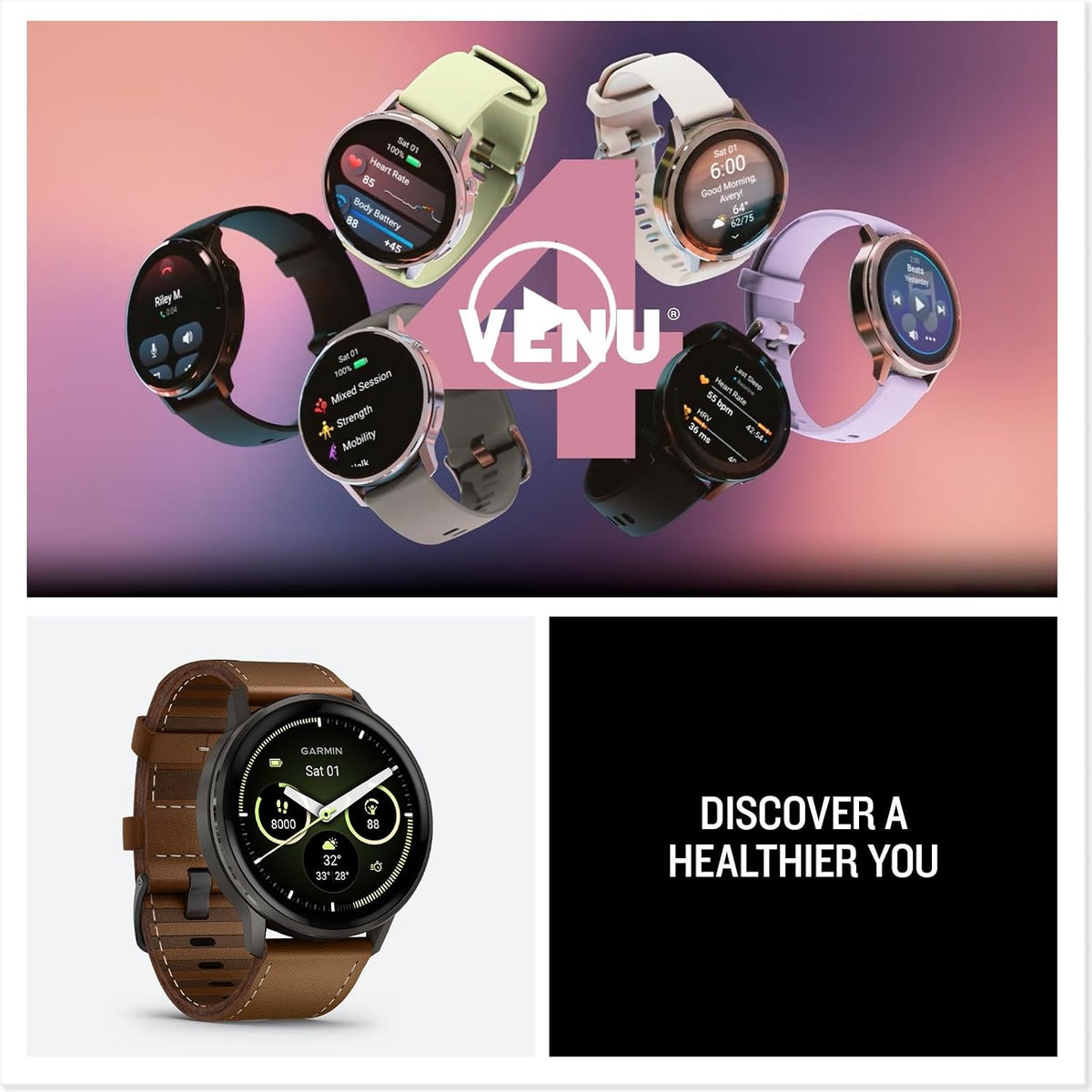 Garmin Venu® 4, Smartwatch avanzado para fitness, 45 mm, correa de cuero marrón