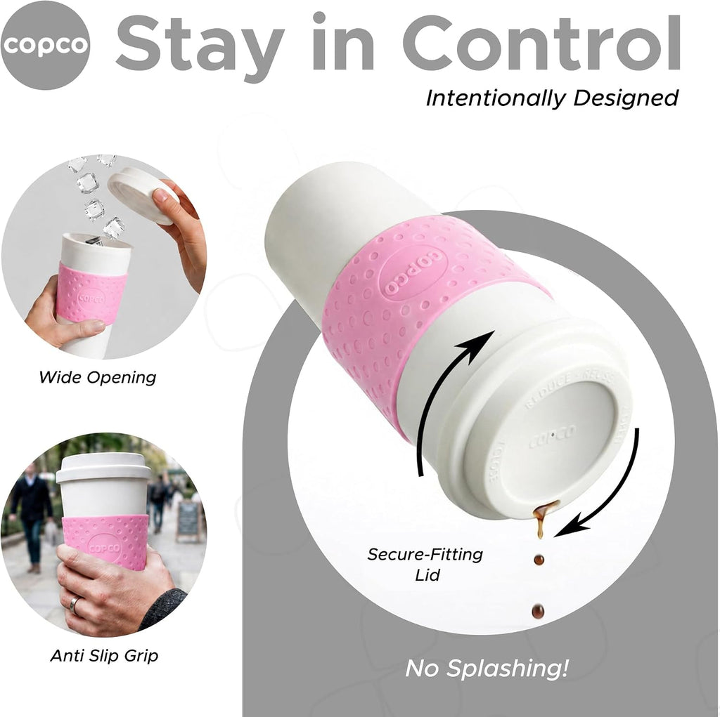 Copco Acadia Taza de viaje (paquete de 4), taza de café aislada de 16 onzas con plástico de doble pared, tapa a prueba de fugas, apta para microondas y lavavajillas, funda antideslizante, bebidas