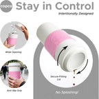 Copco Acadia Taza de viaje (paquete de 4), taza de café aislada de 16 onzas con plástico de doble pared, tapa a prueba de fugas, apta para microondas y lavavajillas, funda antideslizante, bebidas