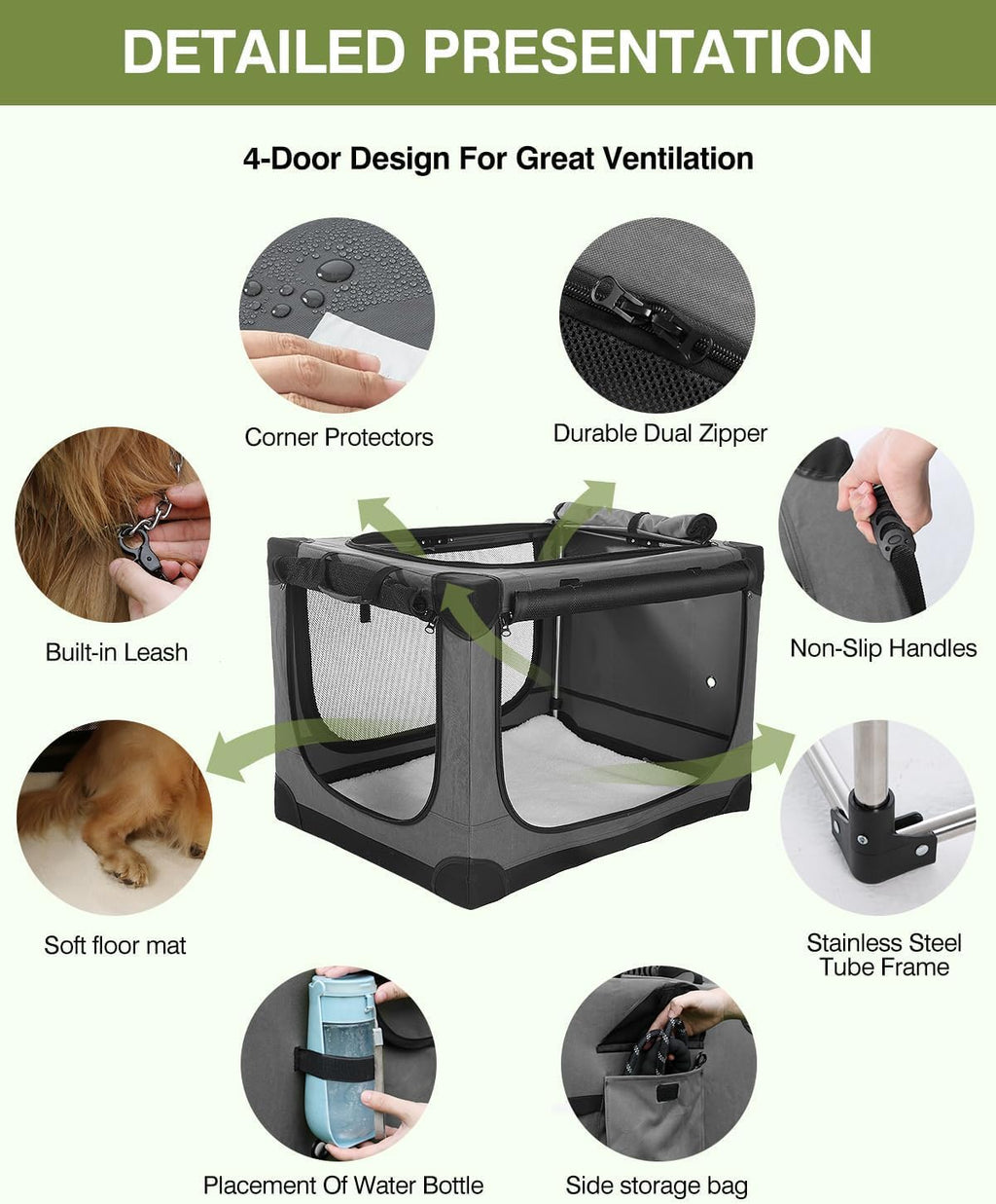 Jaula de Viaje Plegable para Perros de 24 Pulgadas, Caseta Suave Portátil de 4 Puertas para Perros Medianos a Grandes, Ventanas de Malla Resistente a Mordeduras, Uso en Interiores/Exteriores