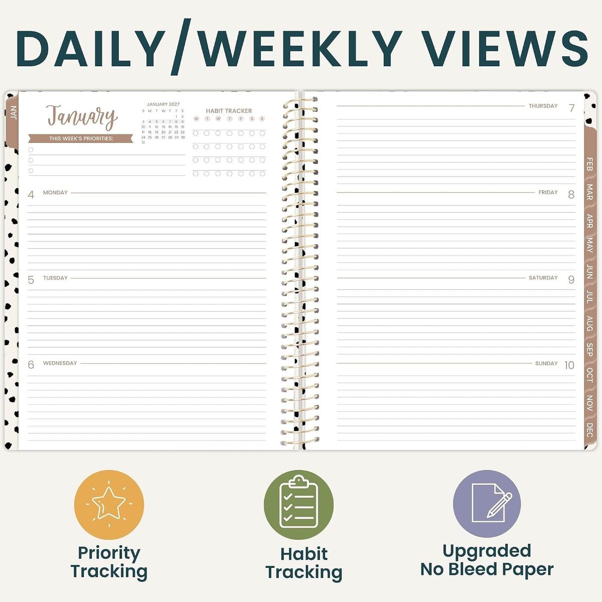 bloom daily planners Agenda y plantilla 2027 para mujer (8.5 x 11 pulgadas), calendario semanal y mensual (enero a diciembre), agenda organizadora de libros con calcomanías, simplemente manchada
