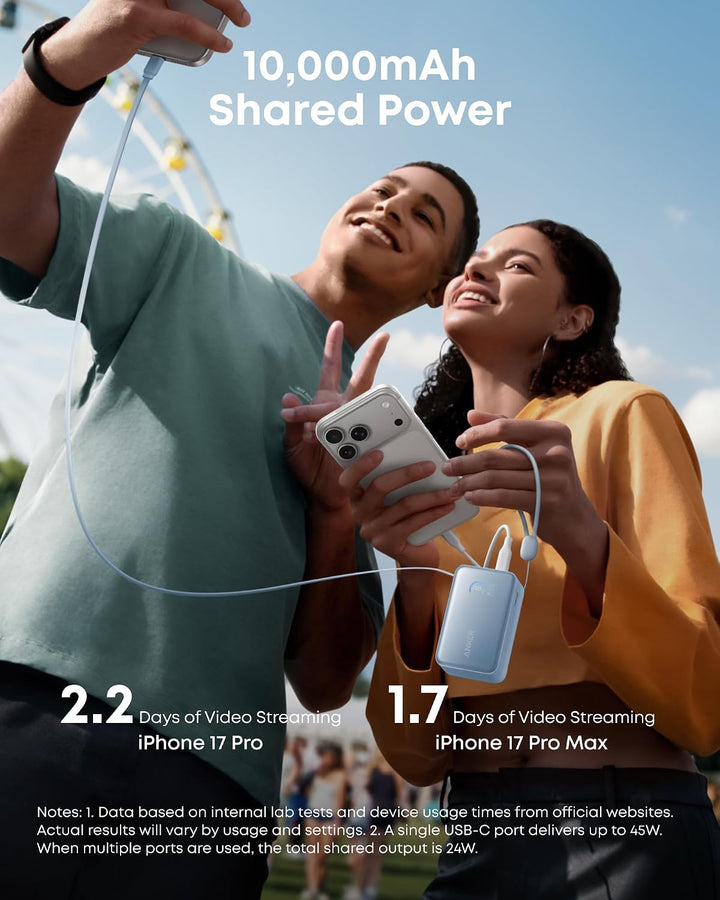 Anker Cargador portátil nano, 45 W 10000 mAh con cable retráctil de...