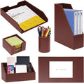 Juego de 6 piezas de suministros de oficina/organizador de escritorio con almohadilla de escritura de cuero para escritorio, bandeja de papel para archivos, soporte para carpeta de revistas, vaso para