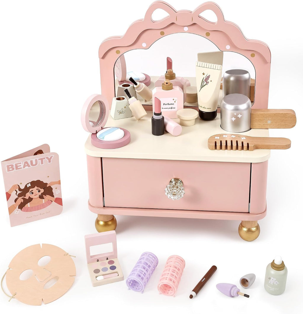 Juego de tocador de madera, kit de maquillaje para niños y niñas