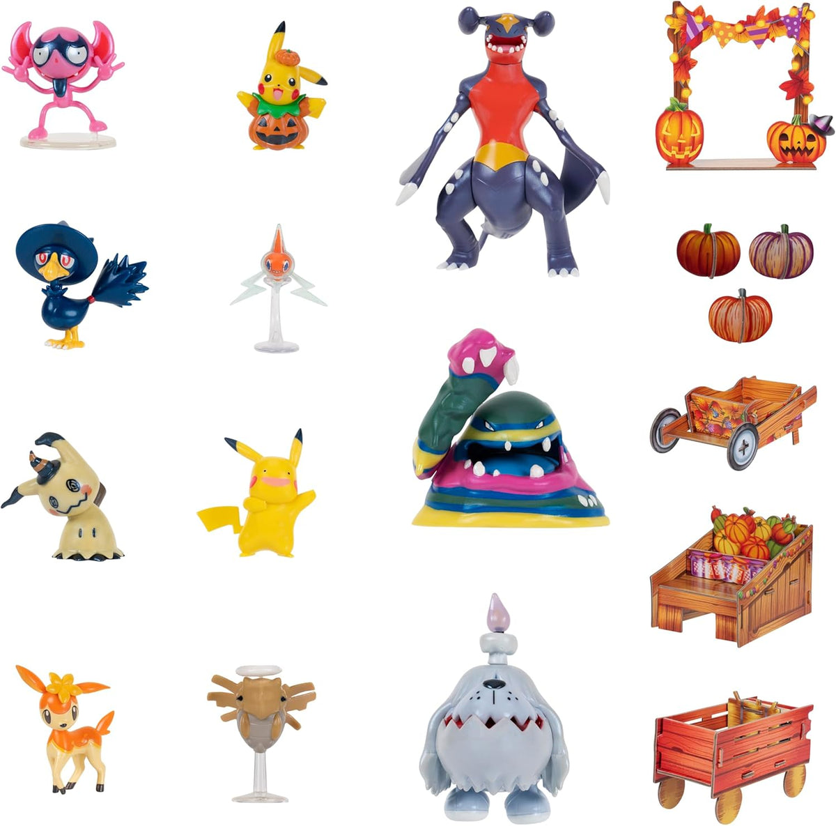 Calendario de Halloween Pokemon 2025 – Calendario con 11 figuras de batalla con acabado especial y cinco accesorios de tablero de fichas