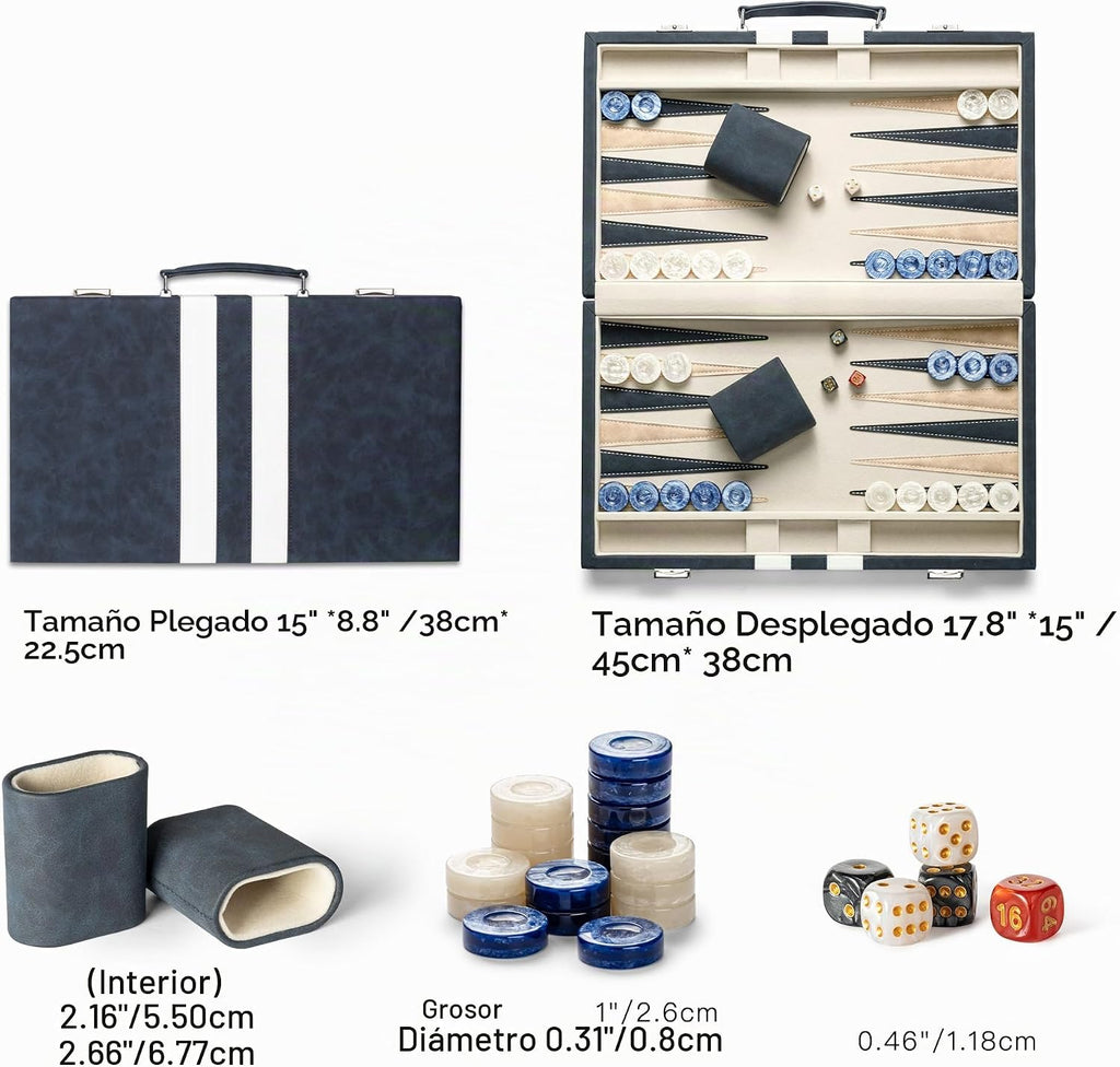 Juegos de backgammon de 15 pulgadas para adultos, tablero clásico de backgammon con dados de damas únicos, exterior de piel sintética e interior de terciopelo, juego de viaje de backgammon portátil (azul)