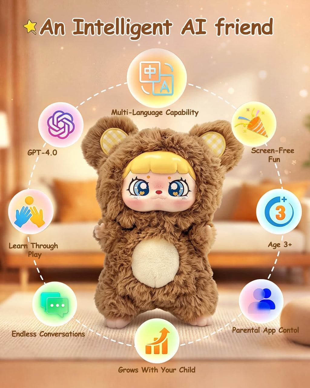 Juguete de peluche inteligente con inteligencia artificial, animal de peluche interactivo para niños de más de 3 años, robot emo sin pantalla, aplicación con múltiples idiomas conmutables