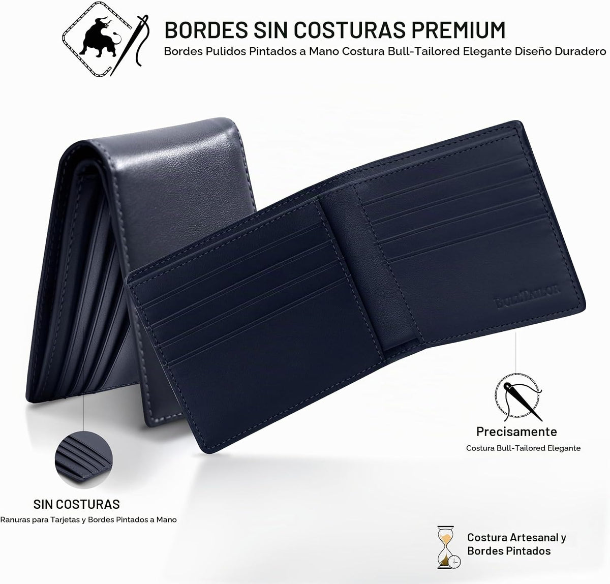 Billetera de cuero de grano completo para hombre, minimalista, delgada, plegable, con bloqueo RFID, con bolsillo para efectivo, 8 ranuras para tarjetas (azul zafiro)